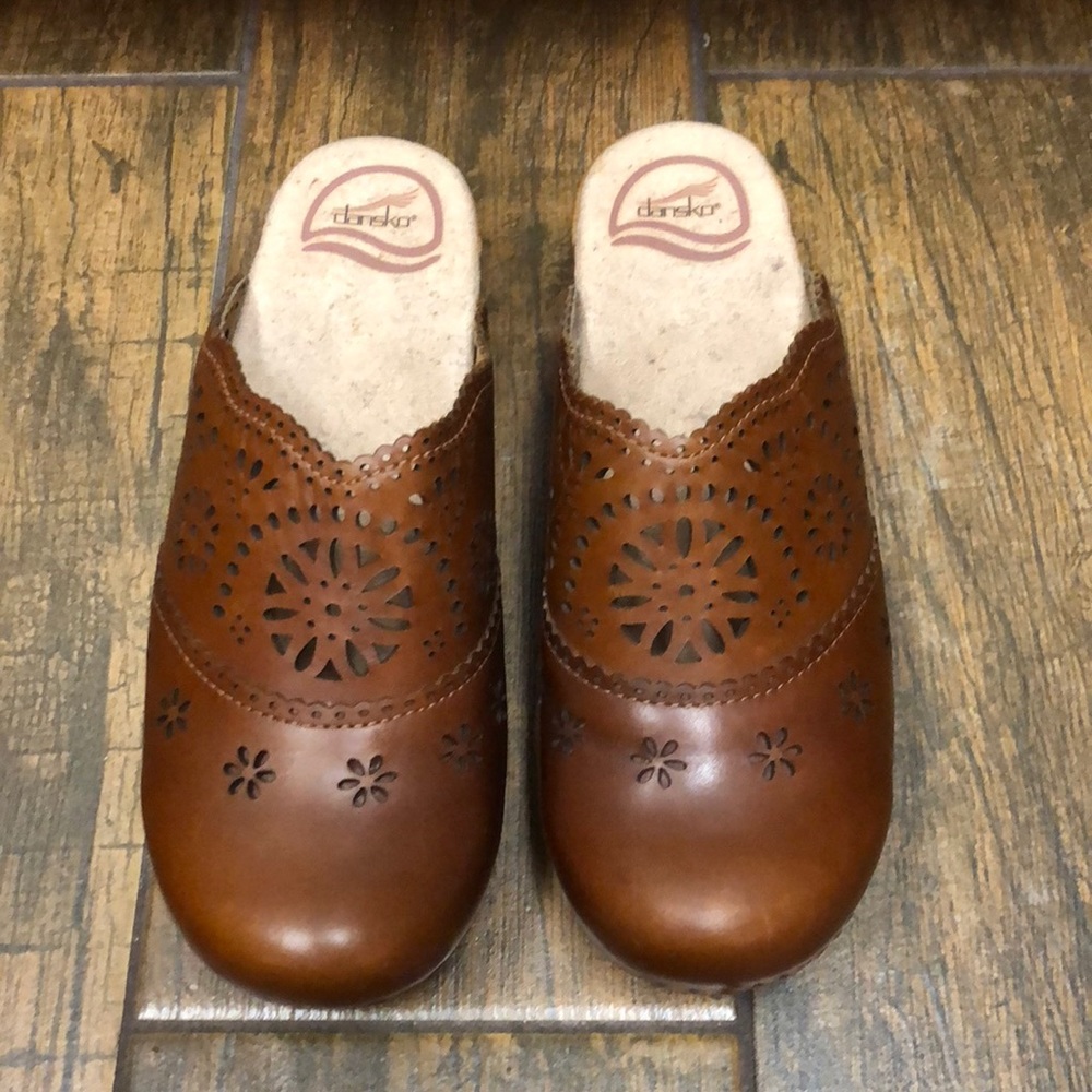 Dansko brown leather cutout mules clogs